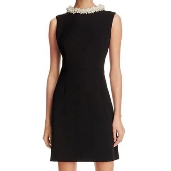 betsey johnson black dress with pearl collar Betsey Johnson Black Dress Pearl Fringe Collar Black Cap Sleeve Ruffle Hem  Sz 8